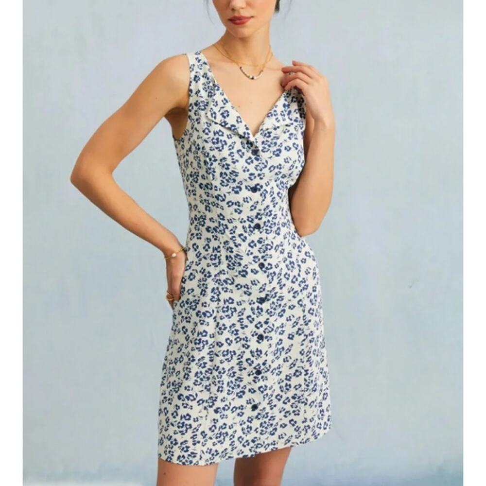 New RIHOAS Feminine Fallcore V-Neck Blue Floral A-line Mini Dress Size XS